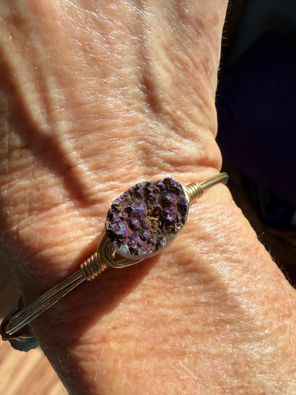 BOURBON AND BOWTIES Gold-Tone Wire Bangle Bracelet with Purple Hue Druzy Stones